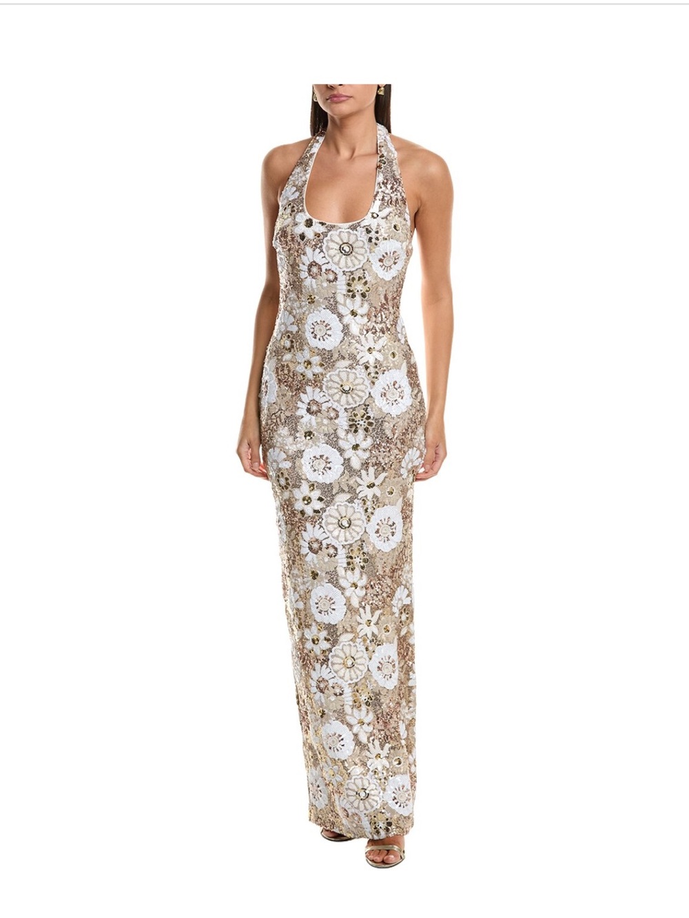 Sequined Floral Halter Maxi Dress in Gold and White